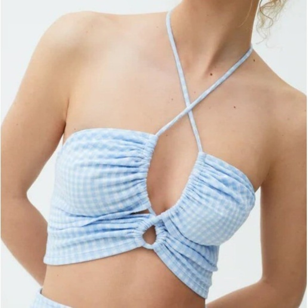Cotton Candy LA Womens Gingham Halter Crop Top Cotton Cutout Blue White Size M
